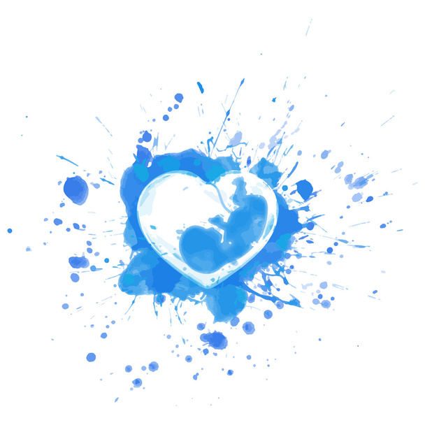 Bloody blue splashes and sports heart with human embryo inside  - vector illustration - Vektör, Görsel