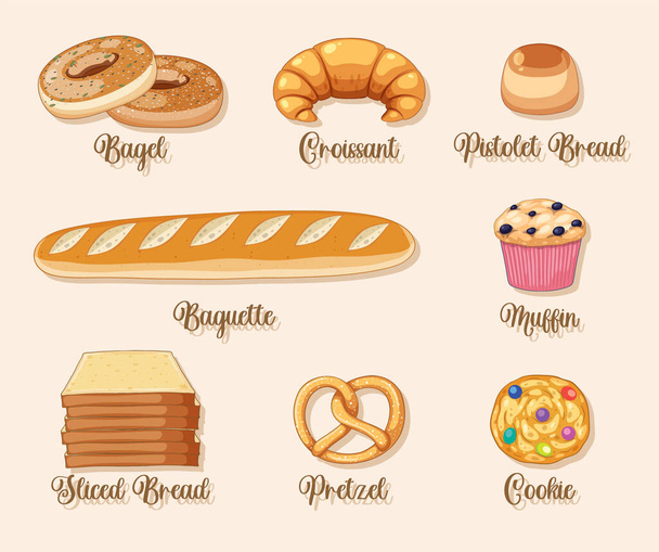 Set van brood en gebak bakkerij producten illustratie - Vector, afbeelding