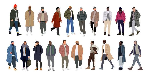Set de ilustraciones vectoriales Street fashion men. Multitud de personas que usan ropa moderna de moda estilo calle invierno cálido de pie y caminando a lo largo de toda la longitud. Ilustración realista vectorial aislada en blanco - Vector, imagen