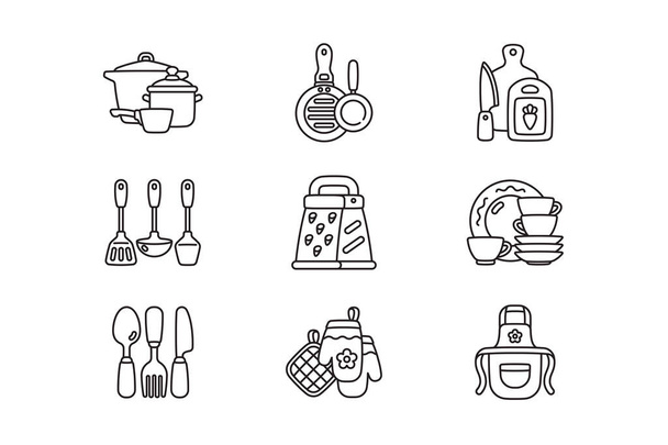 Küchenzubehör Symbole setzen Vektor Illustration. Küchenutensilien und -geräte, Besteck und Utensilien für das Kochen von Geschirr linearen Stil Konzept. Schwarz-weiße Ikonen - Vektor, Bild