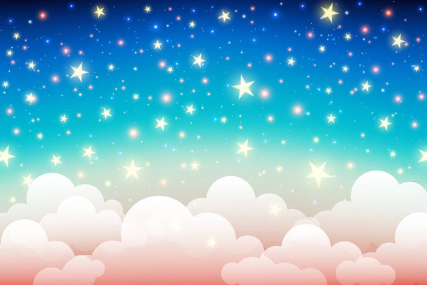 Rainbow unicórnio fundo com nuvens e estrelas. Céu de cor pastel. Paisagem mágica, padrão fabuloso abstrato. Papel de parede doce bonito. Vetor - Vetor, Imagem