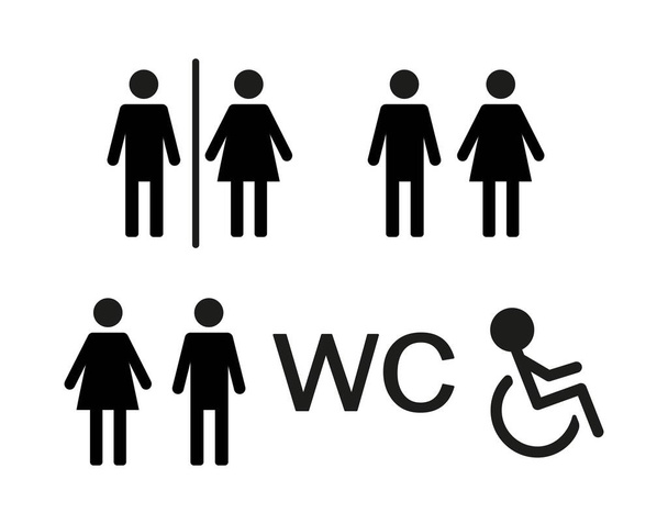 Iconos de ilustración de vector de búsqueda de camino WC. Signos de género masculino y femenino. Signos de baño para hombres, mujeres y personas con discapacidad, aislados sobre fondo blanco. - Vector, Imagen