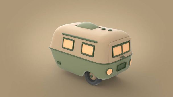 Green and creamy white cartoon style trailer for car camper van isolated on brown background back left side perspective camera view 3d model illustration - Photo, Image