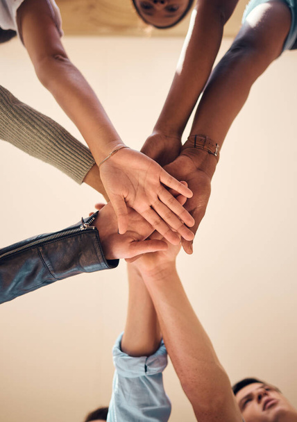 Hands, business people and partnership for team, collaboration and agreement. Diversity, stack and teamwork for group project, support and solidarity for team building, motivation and community trust. - Photo, Image
