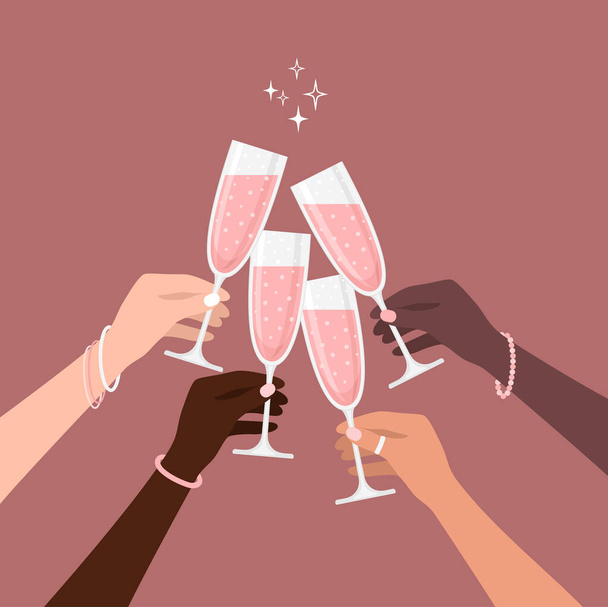 Dłonie kobiety brzęczące kieliszkami różanego szampana na jasnoczerwonym tle. Ilustracja wektora w stylu płaskim - Wektor, obraz