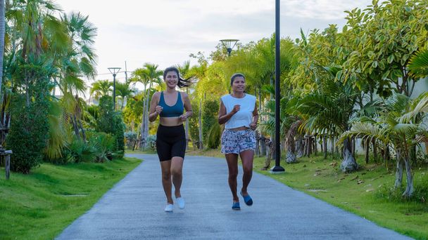 Deux femmes asiatiques font de l'exercice dans un parc public à Pattaya en Thaïlande. Des amies font du jogging. Femme mûre thaïlandaise exercice dans un parc avec des palmiers dans la ville - Photo, image