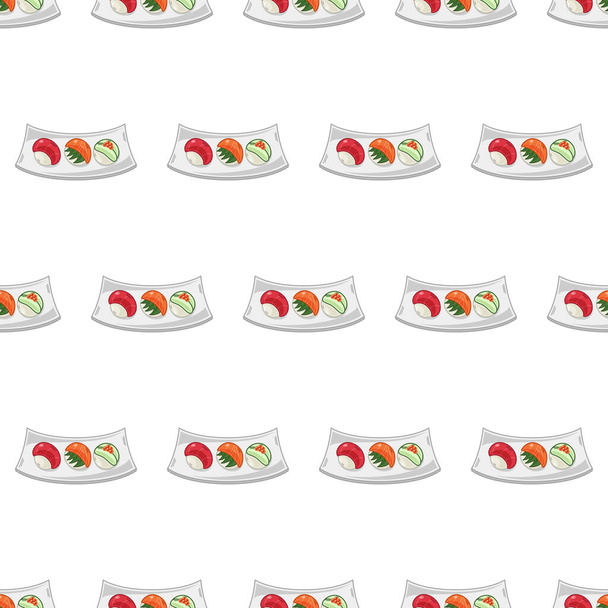 desenho animado sushi temari, comida japonesa sem costura padrão no fundo colorido - Vetor, Imagem