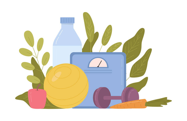 Zdravé stravování a hubnutí, konzumace ovoce a zeleniny, hydratace a sport. Plán dietních jídel a rady odborníků na výživu. Vektor v plochém stylu - Vektor, obrázek