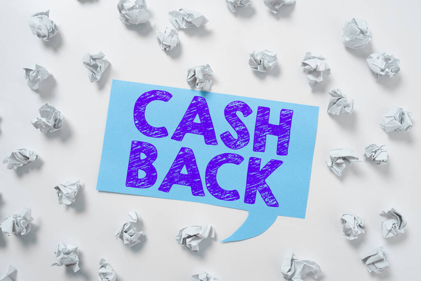 Textzeichen mit Cash Back, Konzept bedeutet Anreiz bot Käufern bestimmtes Produkt, wodurch sie Bargeld erhalten - Foto, Bild