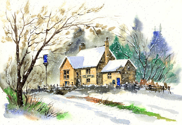 Illustration aquarelle d'un paysage enneigé d'hiver avec un hôtel confortable avec un toit blanc de la neige, une forêt lointaine et un arbre au premier plan - Photo, image