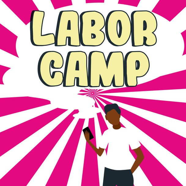 Teksti kuvateksti esittää Labor Camp, Sana rangaistussiirtola, jossa pakkotyö suoritetaan - Valokuva, kuva
