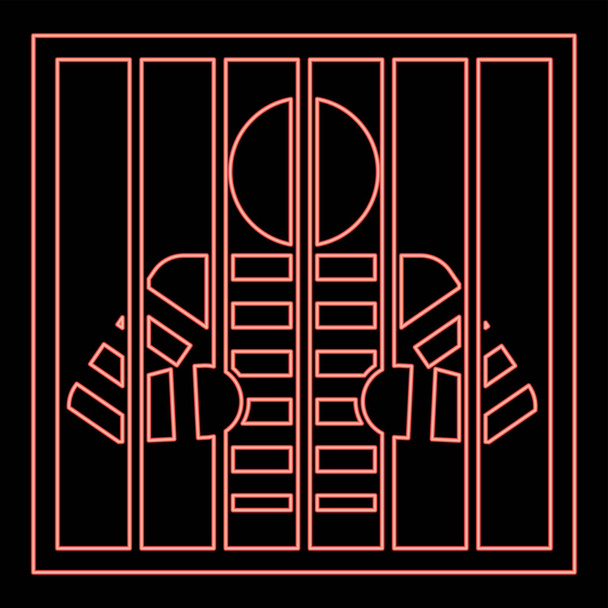 Neon prisoner behind bars holds rods with his hands Angry man watch through lattice in jail Incarceration concept red color vector illustration image flat style light - Vector, Image