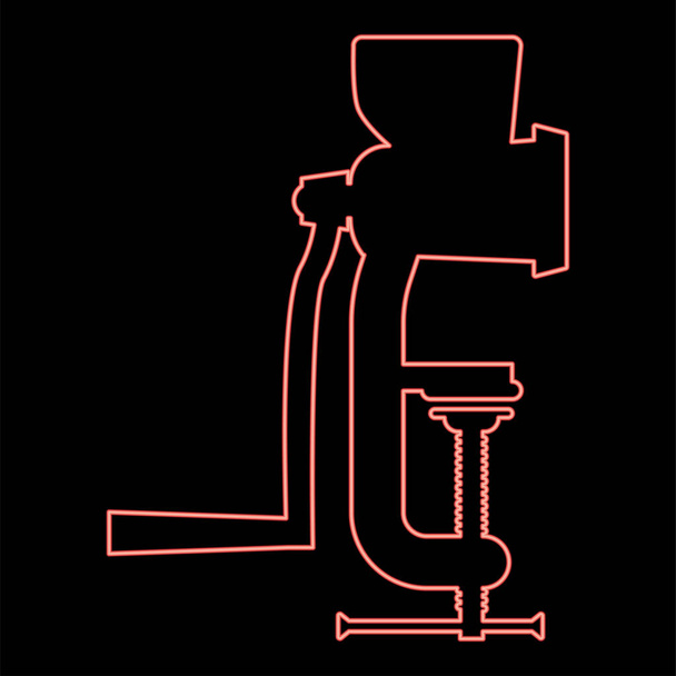 Picadora manual de neón Amoladora de carne Equipo de cocina vintage Molino trituradora color rojo vector ilustración imagen estilo plano luz - Vector, imagen