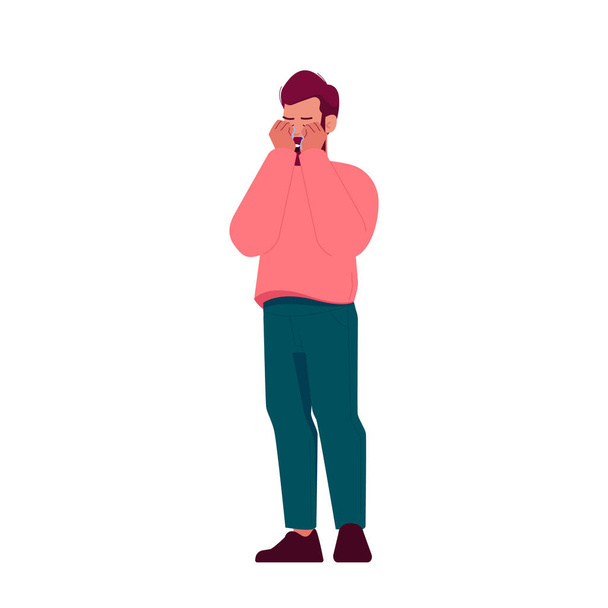 Huilend mannelijk personage veeg de tranen weg van gezicht voelen hartzeer, rouw lijden, verdriet. Pijn, Depressie, Negatieve Emoties, Melancholie. Cartoon People Vector Illustratie - Vector, afbeelding