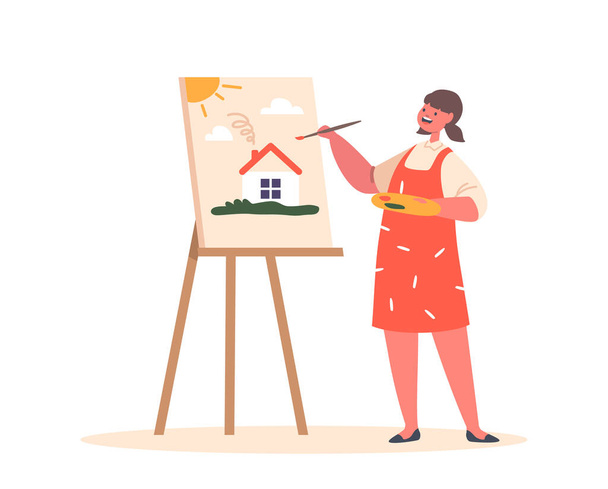 Talented Child Painting On Easel in Artist Studio. Little Girl Character Drawing In Art School Workshop Create Pictures With Dye Palette And Paintbrush On Canvas. Cartoon People Vector Illustration - Vector, Image