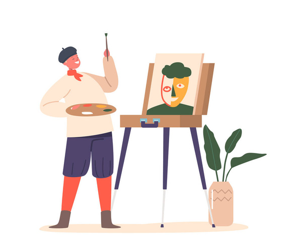 Child in Artist Cap Stand with Palette and Bush front of Easel Painting Abstract Portrait. Little Boy Character Drawing In Art Studio Create Pictures On Canvas. Cartoon People Vector Illustration - Vector, Image