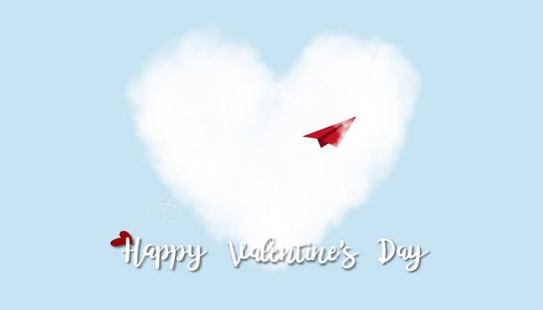 Biglietto di auguri per San Valentino con carta rossa Aereo che vola fino a cuori bianchi nuvole su sfondo cielo blu, concetto di emozione Vector 3D Love con cuore a forma di cielo per poster, brochure, banner  - Vettoriali, immagini