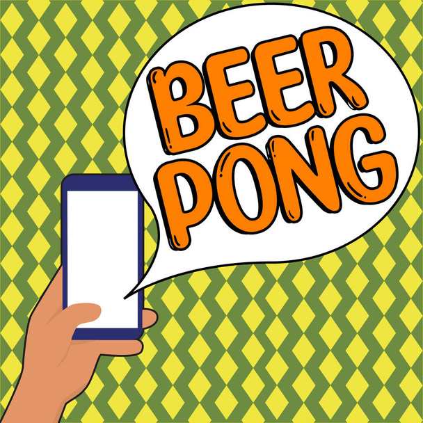 Didascalia di testo che presenta Beer Pong, concetto che significa un gioco con un set di tazze contenenti birra e che rimbalza o lancia una palla da ping-pong - Foto, immagini