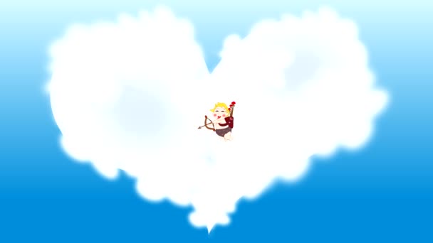 Hravý legrační Amor střílí červené srdce na obloze s mrak ve tvaru srdce, animace, kreslený - Záběry, video