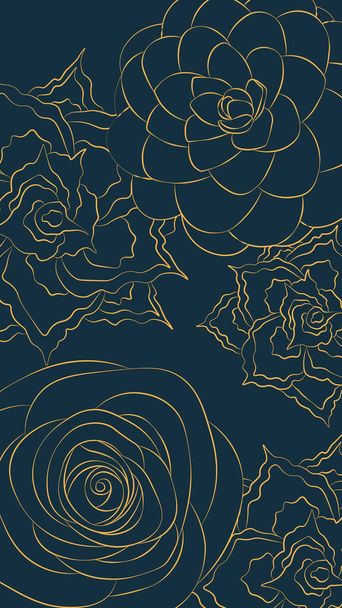 Vertikální pozadí v minimalistickém stylu, zlaté konturované květiny na modrém barevném vektoru ilustrace - Vektor, obrázek