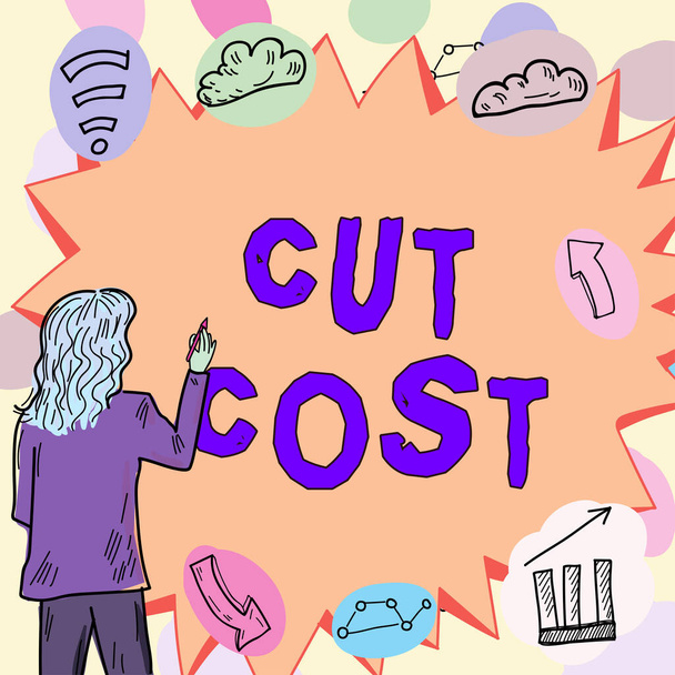 Znak tekstowy pokazujący cięcia kosztów, Koncepcja oznaczająca środki wdrożone w celu zmniejszenia wydatków i poprawy zysku - Zdjęcie, obraz