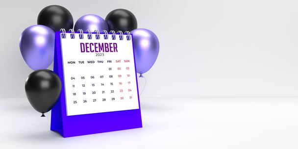 Joulukuu 2023 kuukausittainen kierre työpöydän juhla Kalenteri malli: 3D tehdä päivämäärä suunnittelija sivu violetti, musta ilmapalloja. Tausta, kopioi tilaa. Joukko 12 kuukauden koostumus. Viikko alkaa maanantaina. - Valokuva, kuva