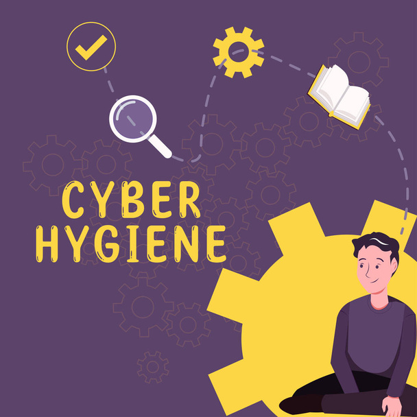 Firma mostrando Cyber Hygiene, pasos conceptuales de la foto que los usuarios de computadoras toman para mejorar su seguridad cibernética - Foto, Imagen