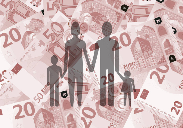 Οικογενειακές οικονομίες. Σκιαγραφία τετραμελούς οικογένειας σολομού με φόντο τα τραπεζογραμμάτια των 20 και 50 ευρώ - Διάνυσμα, εικόνα