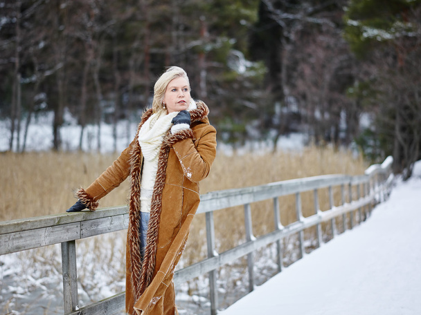 ファッショナブルな女性および冬の衣服 - 田園風景 - 写真・画像