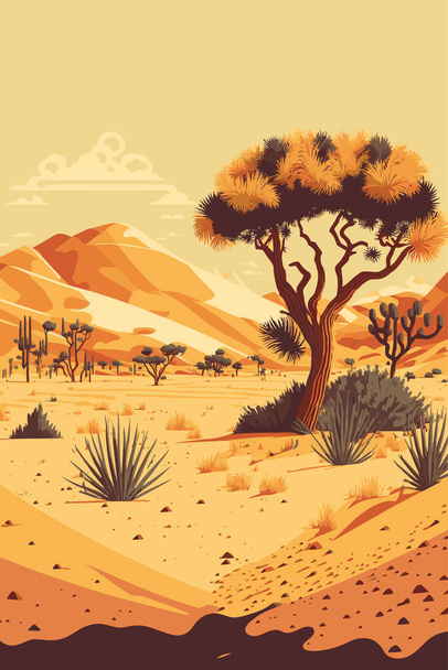 arena desierto paisaje en el atardecer con cactus y montañas plano color vector estilo ilustración - Vector, imagen