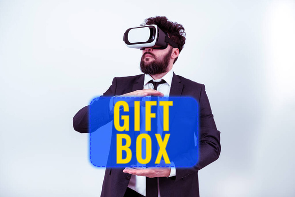 Text caption presenting Gift Box, Concept meaning A small cointainer with designs capable of handling presents - Photo, Image