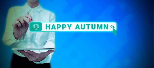 Tekst bijschrift presenteren Happy Autumn, Business concept Jaarlijkse speciale mijlpaal Herdenking - Foto, afbeelding