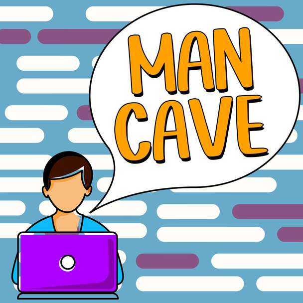 Handschrift tekst Man Cave, Business aanpak een kamer, ruimte of gebied van een woning gereserveerd voor een man persoon - Foto, afbeelding