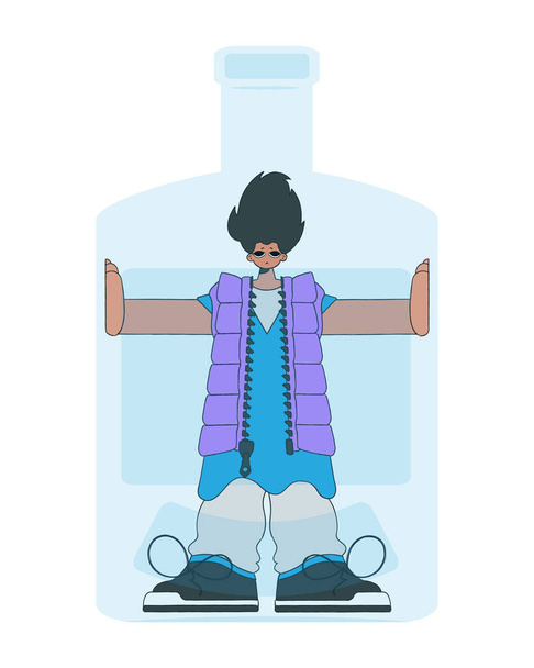 Der Mann steckt in der Flasche. Behandlung von Alkoholabhängigkeit. - Vektor, Bild