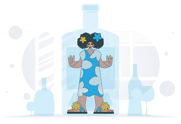 The concept of alcohol addiction. The girl is a hostage inside the bottle. - Vector, Image