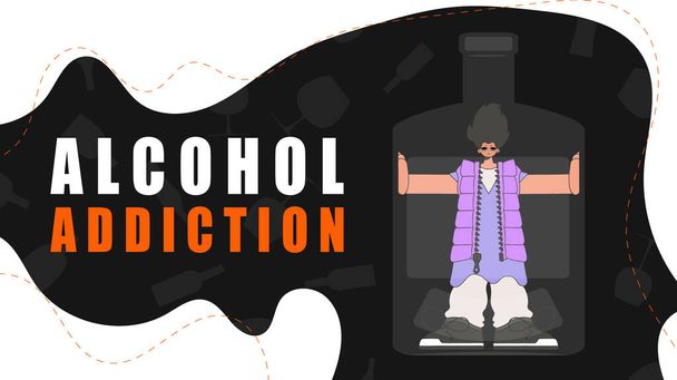 Banner Treatment for alcohol addiction. A man is a hostage inside a bottle. - Vector, Image