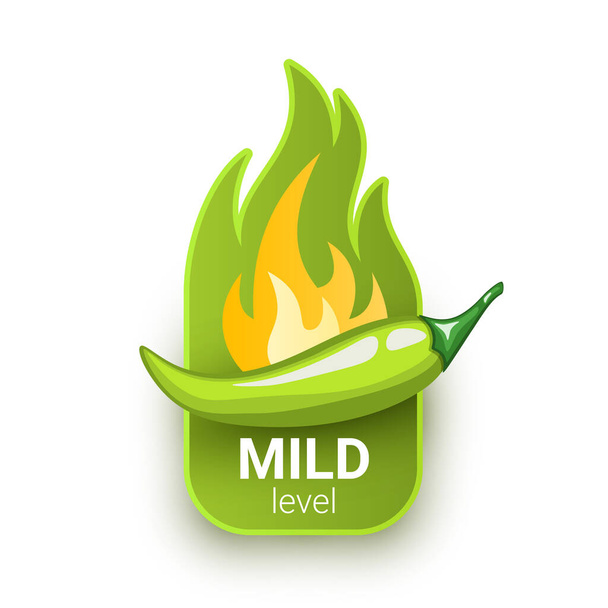Zielona papryka chili i płomień ognia od tyłu. Łagodny poziom gorąca lub pikanterii. Projekt logo dla ostrych sosów lub innych pikantnych potraw - Wektor, obraz