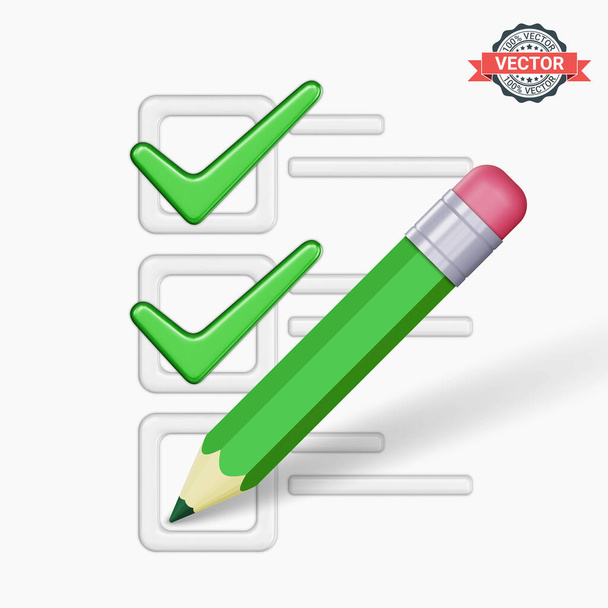 Lista de verificación con lápiz y garrapatas verdes o marcas de verificación. Ilustración realista de vectores 3D sobre fondo blanco - Vector, imagen