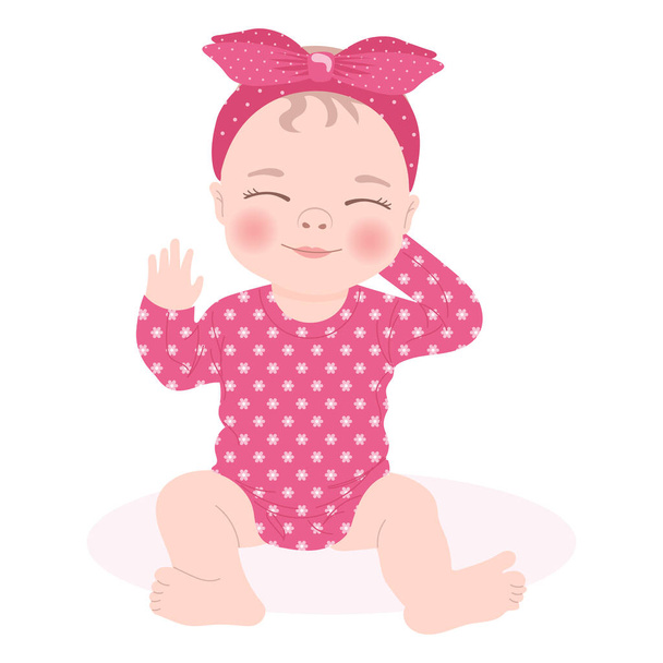 ピンクのドレスを着たかわいい赤ちゃんの女の子弓、新生児の女の子。子供用カード、印刷、ベクター - ベクター画像