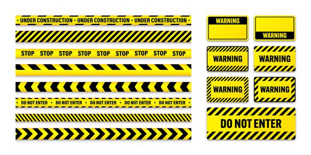 Διάφορες ταινίες οδοφραγμάτων και προειδοποιητικές ασπίδες. Κίτρινη γραμμή προειδοποίησης της αστυνομίας, έντονα χρωματισμένος κίνδυνος ή επικίνδυνη λωρίδα, κορδέλα. Περιορισμένη περιοχή, ζώνη. Σύμβολο προσοχής. Εικονογράφηση διανύσματος. - Διάνυσμα, εικόνα