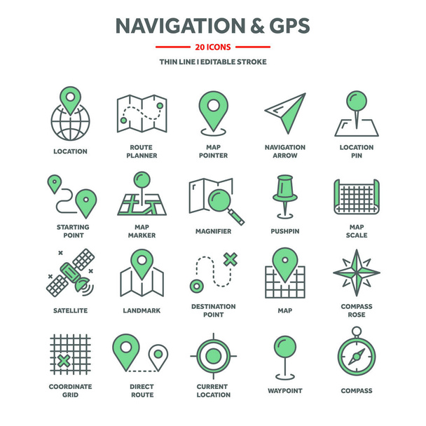 Navigation map and geolocation, GPS positioning. Coordinate grid quadrants, cardinal points, location finder. Travel route and waypoints planning. Thin line web icons set. Vector illustration. - Вектор,изображение