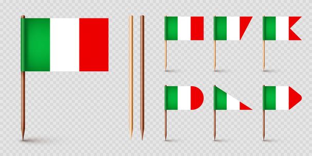 Realistic various Italian toothpick flags. Souvenir from Italy. Wooden toothpicks with paper flag. Location mark, map pointer. Blank mockup for advertising and promotions. Vector illustration. - Vector, Image