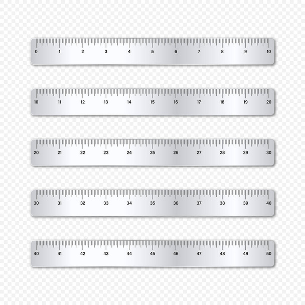 Realistic various shiny metal rulers with measurement scale and divisions, measure marks. School ruler, inch scale for length measuring. Office supplies. Vector illustration. - Vector, Image