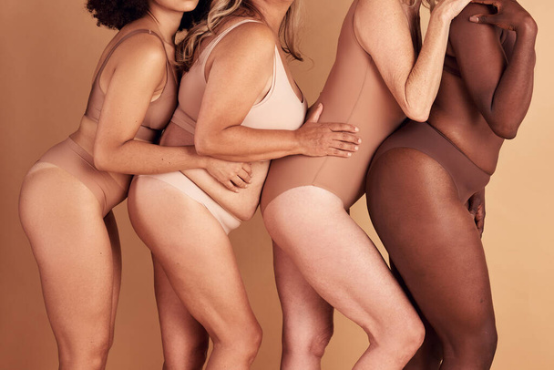 Body positive, underwear and diversity women with self love, confidence and support for natural beauty and self care. Group of people, girl friends or woman with lingerie, solidarity and acceptance. - Valokuva, kuva