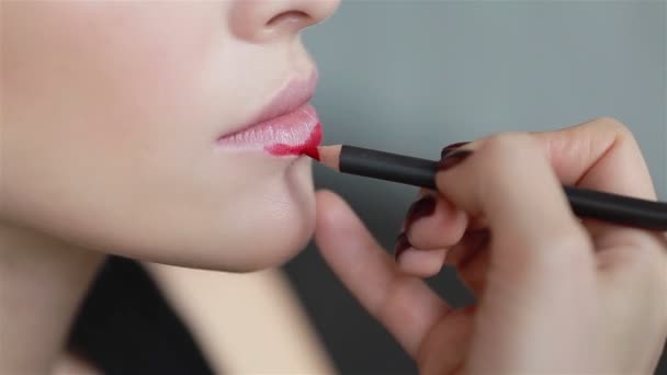 Lipstick on red lips of fashion model - Footage, Video