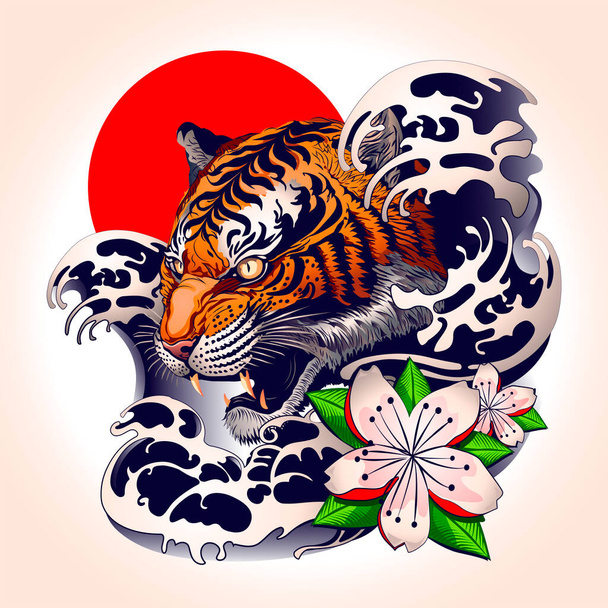 Disegno del tatuaggio della tigre con stile decorativo giapponese. Illustrazione vettoriale  - Vettoriali, immagini