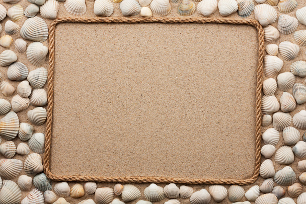 Beautiful frame of rope and seashells on the sand - Zdjęcie, obraz