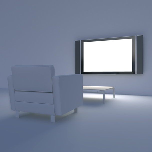 Bílé křeslo s televizí a tabulka - Fotografie, Obrázek