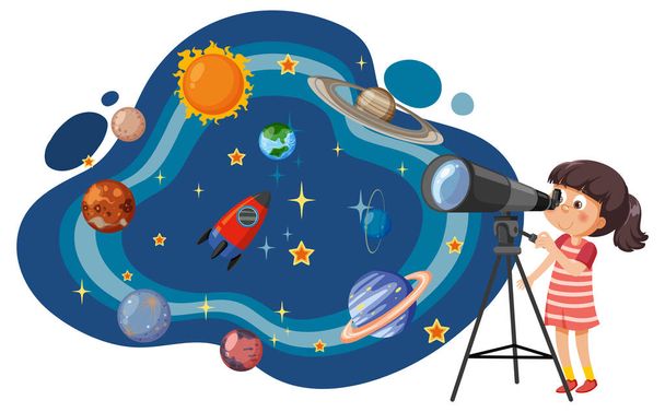Meisje observeert planeten met telescoop illustratie - Vector, afbeelding