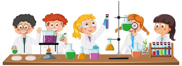 Επιστήμονες παιδιά που κάνουν εικονογράφηση χημικού πειράματος - Διάνυσμα, εικόνα